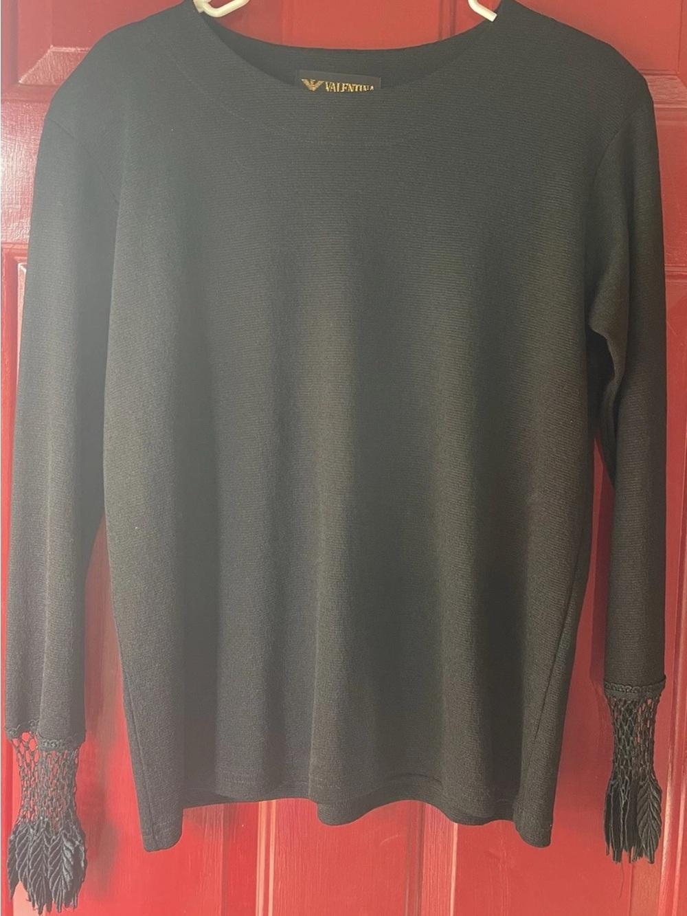 Valentina Black Crewneck Sweater with Fringe Cuffs